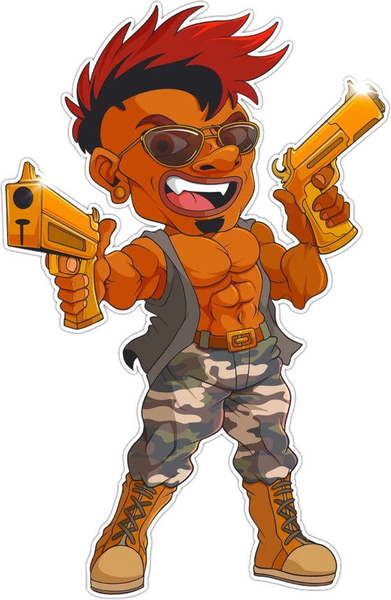 Axel, a stocky orc mercenary Kodex hero with a red mohawk, sunglasses, olive vest and camo trousers, holding two gold-plated sidearms.