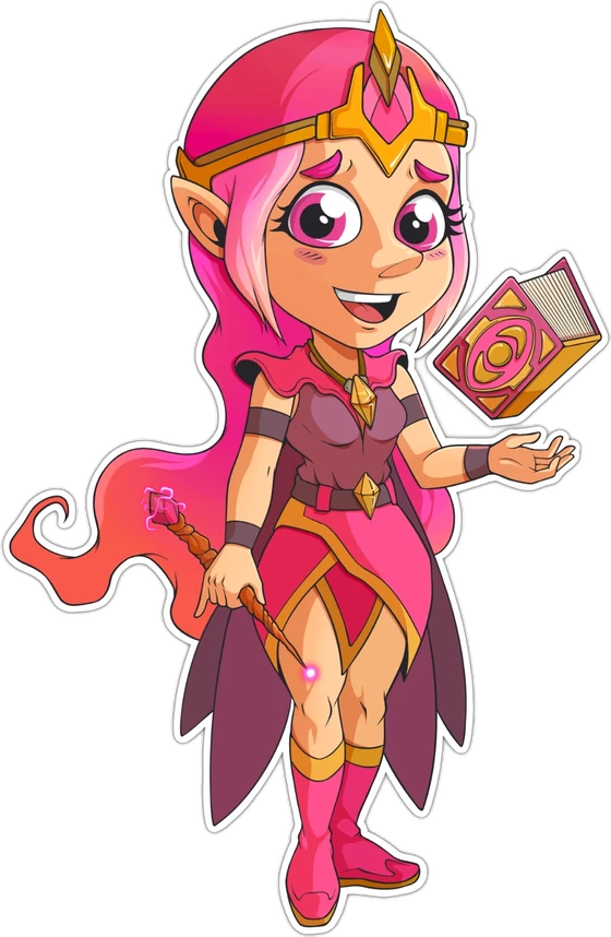Fiona, a wood elf sorceress Kodex hero with pink hair, a golden crown, magenta robes and a glowing spellbook.
