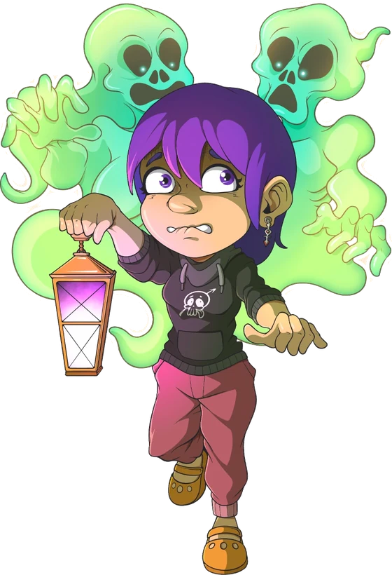 Luna, a ghost hunter Kodex hero with violet hair carrying a lantern, trailed by two glowing green spirit companions.