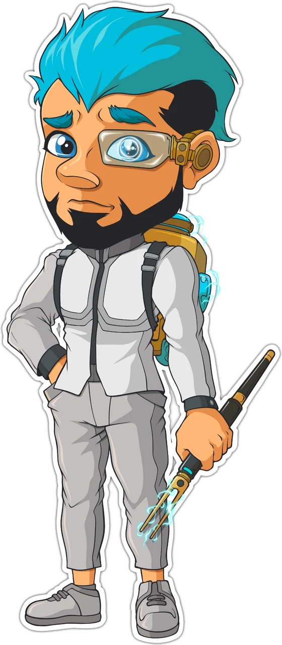 Zane, a bearded future scientist Kodex hero with bright blue hair, a monocle-style optical lens, grey field suit and a glowing engineering tool.